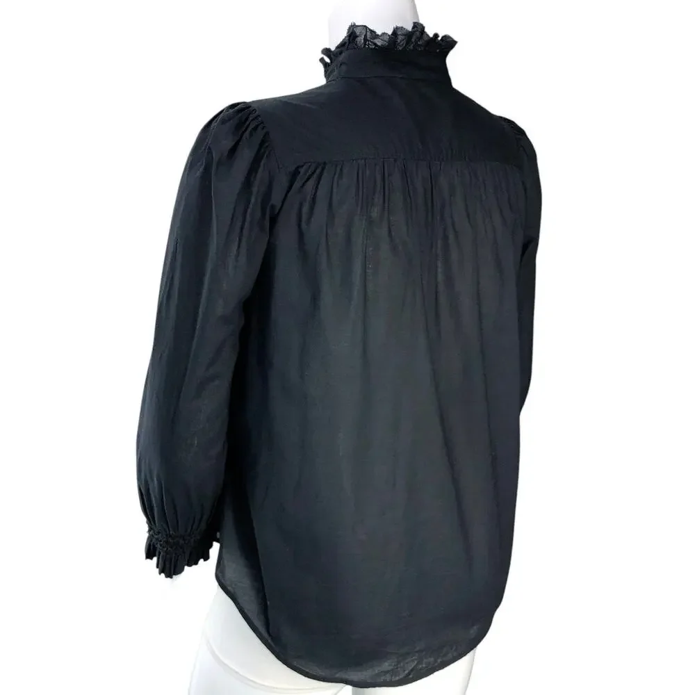 Tuckernuck Blouse Womens L Ruffle High Neck Puff Sleeve Smocked Cuff Black